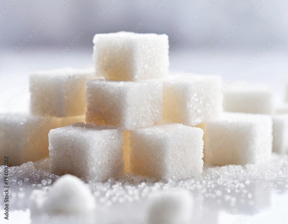 A pile of white sugar cubes on a white background A pile of white sugar cubes on a white background