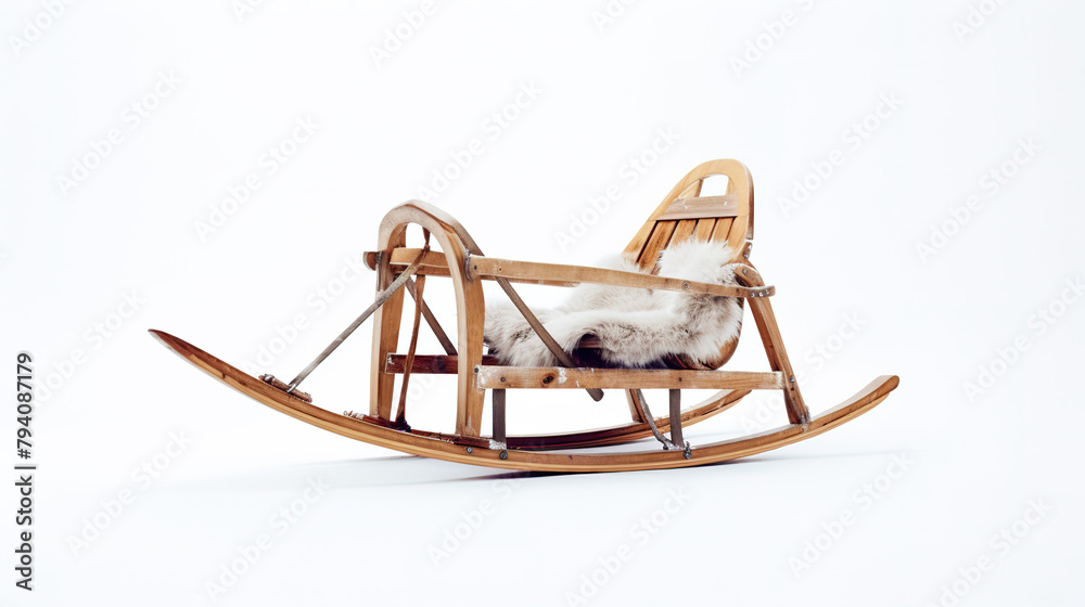 Winter sledges alone against a stark white background