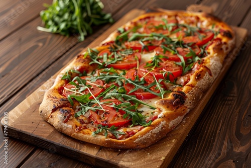 On a wooden kitchen table on a cutting board lies a rectangular crispy pizza decorated with thin round slices of tomatoes, herbs, and crispy cheese. herbs, spices, 