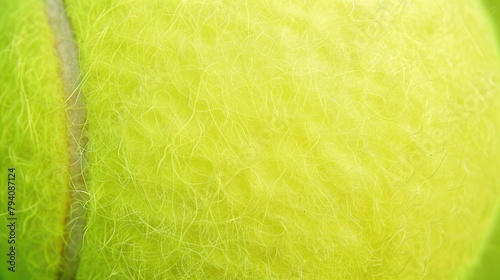 A close up of a bright green tennis ball with a white line. photo