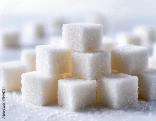 A pile of white sugar cubes on a white background