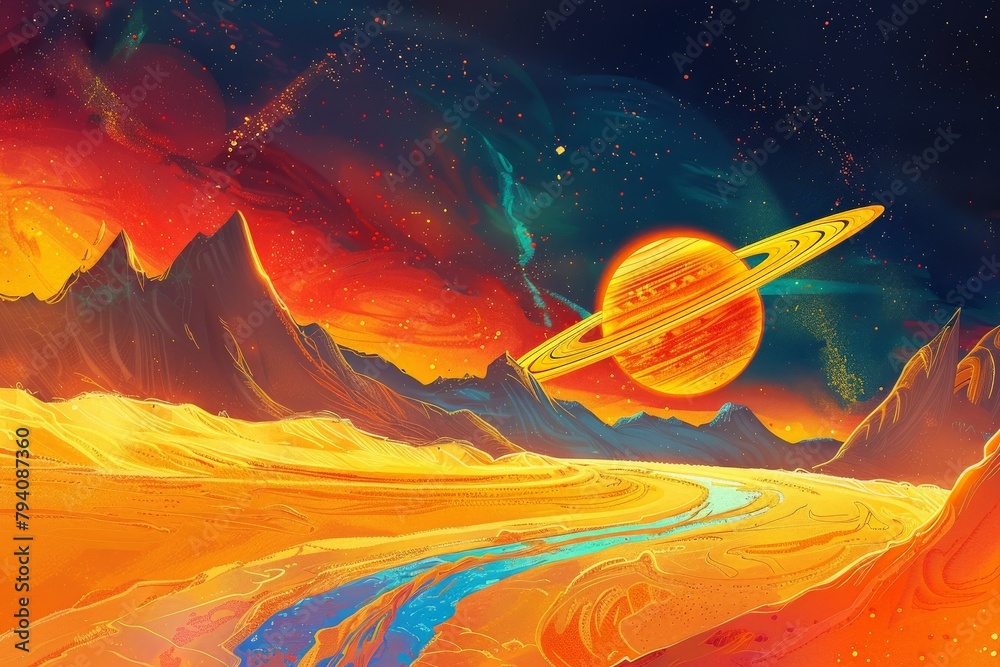 Landscape with Saturn planet in sky with stars. Fantasy space wallpaper ...