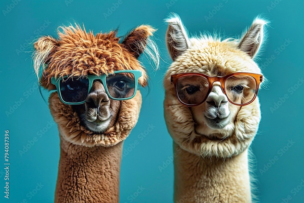 Obraz premium Two funny alpaca wearing sunglasses on blue background. Close up.