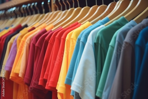 Close up of colorful t-shirts on hangers for man, apparel background. Variety of colors of mens t-shirts. Gray, black, white, olive, green, blue, burgubdy. High quality photo