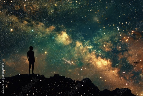 a person standing on top of a hill looking at the stars #794087389