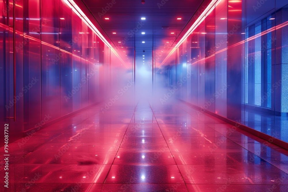 liminal space, red and blue lights, fog liminal space, red and blue lights, fog