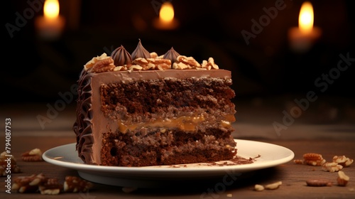 Piece of chocolate cake with caramel and nuts on a wooden table