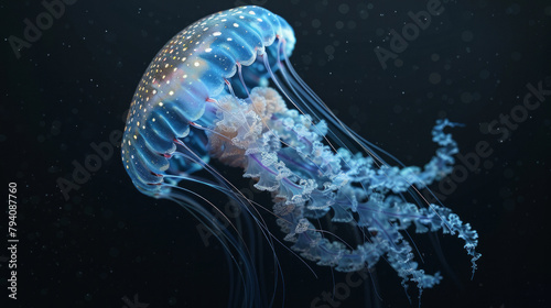 A large blue jellyfish with a white spot on its head