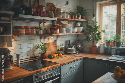 Serene Scandinavian kitchen with minimalist design, featuring open shelving and earth tones, illuminated by morning light for a peaceful ambiance