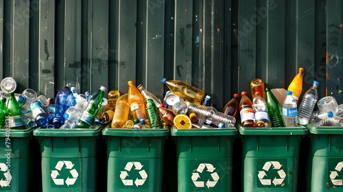 Overflowing green recycling bins filled with an array of colorful recyclable materials like bottles cans and paper reflecting optimism and abundance