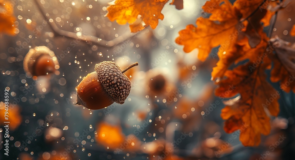 acorns falling down rom the oak tree in autumn forest. acorns falling down rom the oak tree in autumn forest.