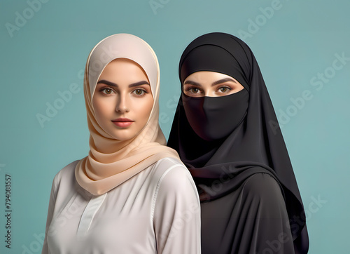 Portrait of two beautiful muslim women in traditional islamic clothing, one in white hijab and the other wearing black niqab. Solid blue turquoise background.