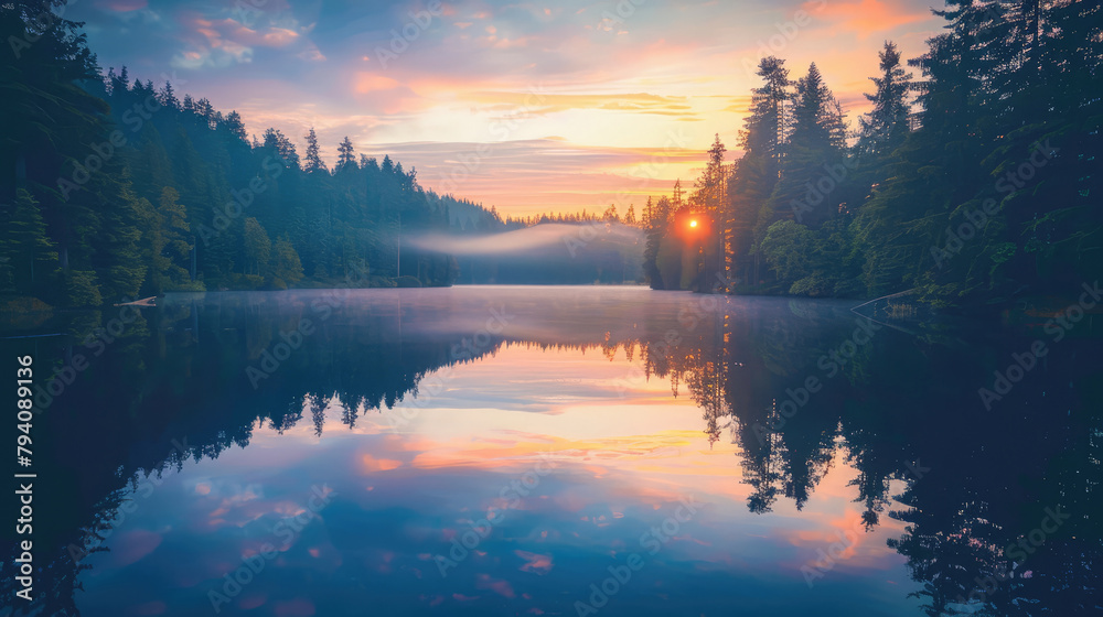 A calm lake that reflects the enchanting colors of the sunrise, surrounded by dense forests in spring