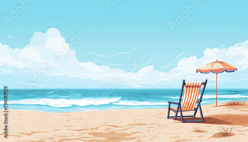 Tranquil beach scene illustration with lush palms, soft sands, azure waters, and a clear sky, conveying a serene tropical escape. Generative AI