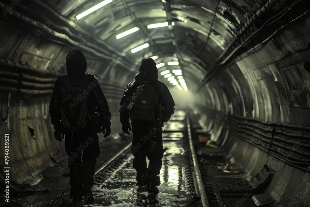 two people in dark clothes with backpacks walk forward along a long underground tunnel, pipes and wires stretch along the tunnel two people in dark clothes with backpacks walk forward along a long underground tunnel, pipes and wires stretch along the tunnel