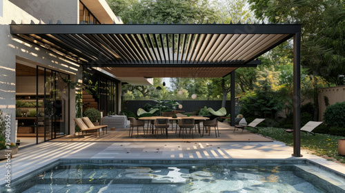 A large patio with a pool and a covered patio area