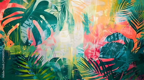 Tropical Leaves Abstraction: A Vibrant, Layered for a Dynamic Green Summer Backdrop photo