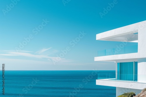 Architectural detail of white modern Mediterranean house over turquoise sea and blue sky background. Minimal architecture building detail in coastline by ocean or sea