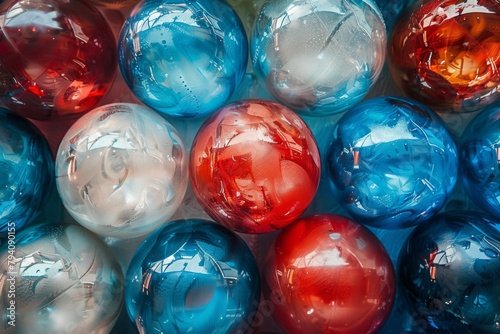 nude blue and red mother-of-pearl patterned iridescent balls on a white mother-of-pearl background
