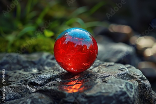 A red glass ball shining from the inside with a blue tint lies on a black glossy stone. green plants are visible in the background