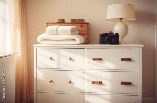 White chest of drawers with wooden handles. Neatly folded white linen and a camera lie on the chest of drawers. Sunlight from the window. Lamp with shade.