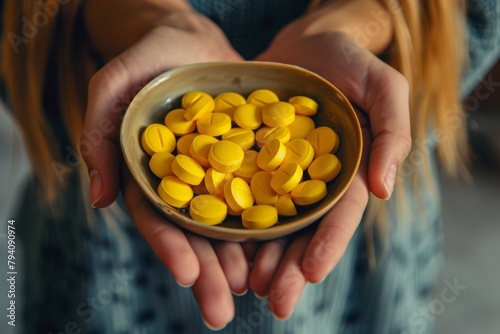 female hands hold in their palms a ceramic cup in which yellow large tablets are poured