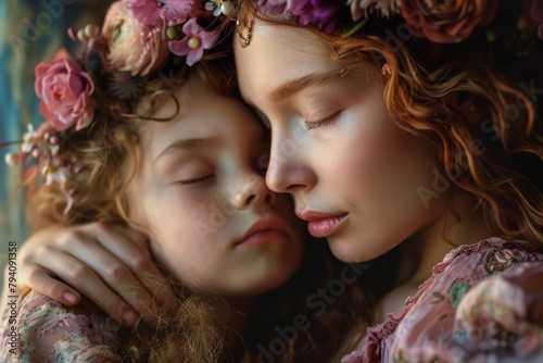 beautiful Caucasian mother tenderly hugs her little daughter. pastel shades.