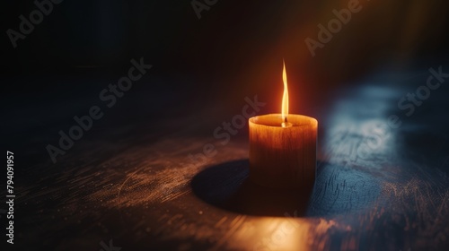 A lone candle flame swaying slightly in a dark room, casting warm shadows on the walls, ideal for a meditation app promo. 