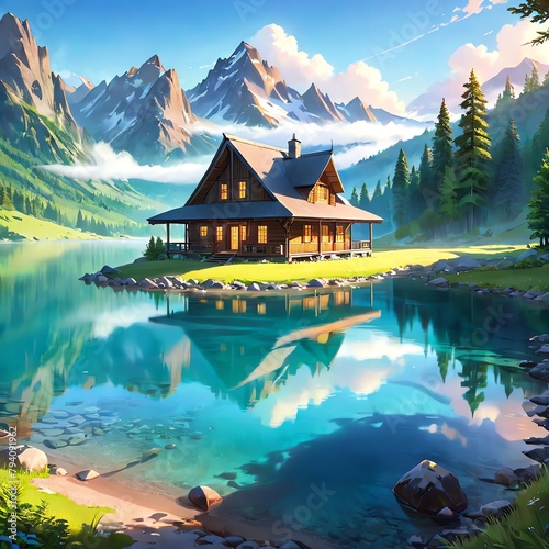 magnificent and awe inspiring mountain landscape captures the view of a cozy big log cabin nears the lake  photo