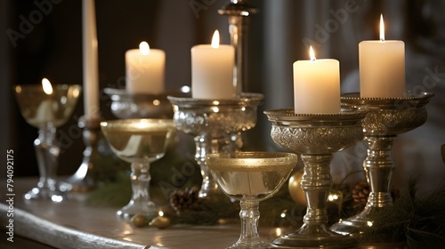 A beautifully set table with lit candles and elegant wine glasses