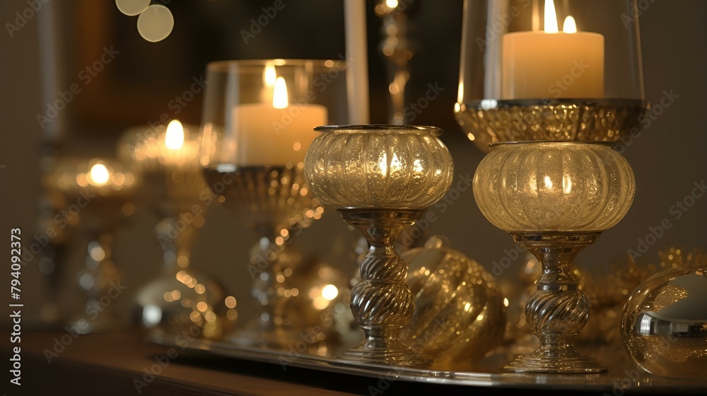 Table adorned with candles and glass vases for an elegant display. Table adorned with candles and glass vases for an elegant display.