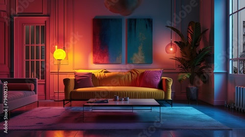 Beautiful Living Room Interior With Yellow Sofa And Necessities photo