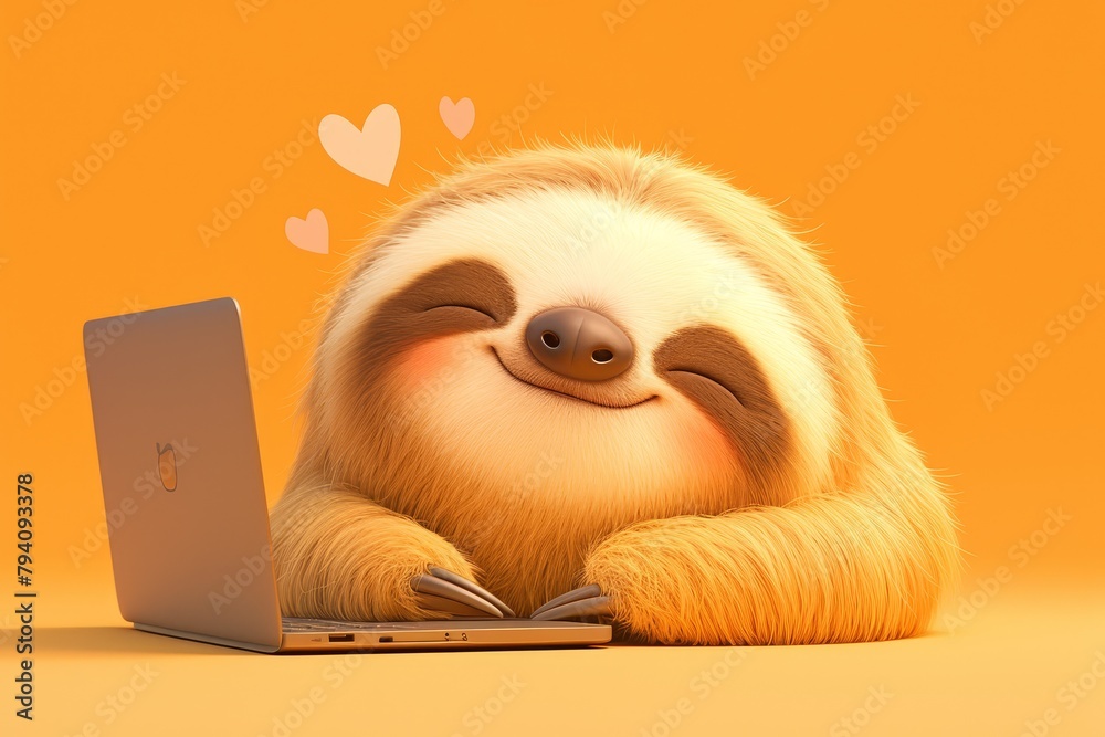 Fototapeta premium sloth sitting at a table with a laptop, smiling, cute and happy. 