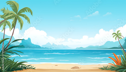 Tranquil beach scene illustration with lush palms  soft sands  azure waters  and a clear sky  conveying a serene tropical escape. Generative AI