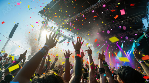 Crowd raising their hands and enjoying great festival party in a concert hall. Fans raising hands up during concert or festival. people with hands up, dancing and enjoying the music at party outdoors