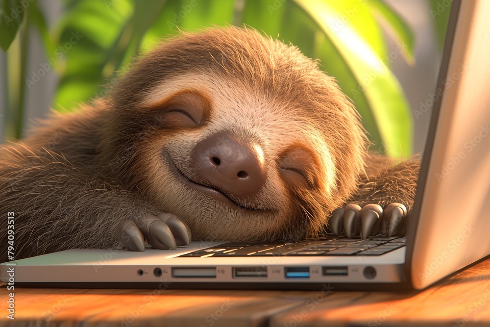 Fototapeta premium sloth sitting at the table with macbook, smiling, happy face