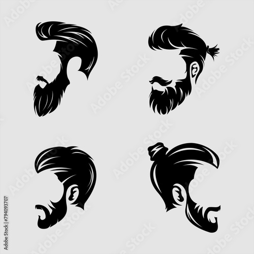Set of vector bearded men faces hipsters with different haircuts, mustaches, beards. Silhouettes, heads for vintage barber shop logos