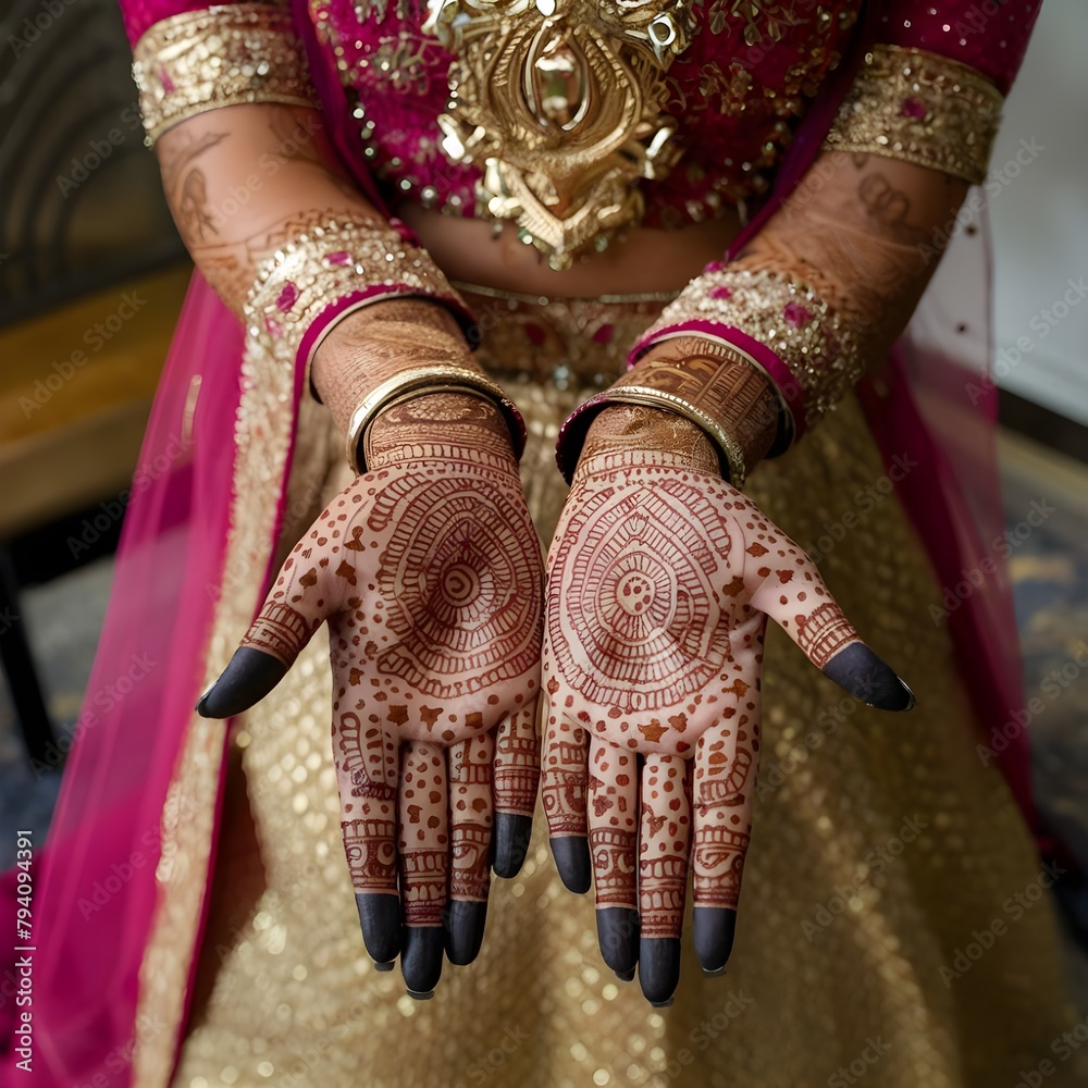 Photo a bride showing her hand's mehndi tattoos design 