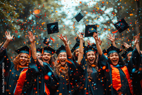 Group of cheerful student throwing graduation caps in the air celebrating, education concept with students celebrate success with mortarboard hats and confetti at university. graduating party
