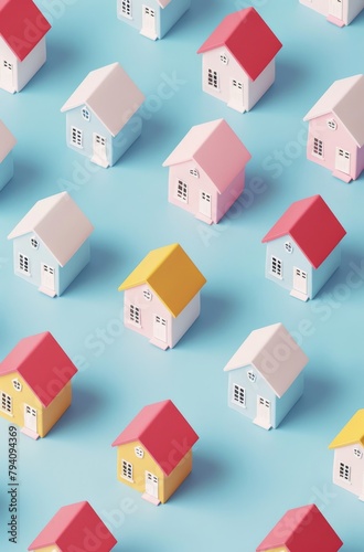 A row of small miniature colorful houses on a clean light blue backgrounds
