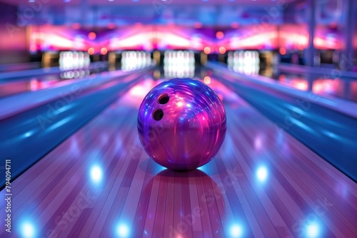 Vibrant neon-lit bowling balls on a polished lane at a modern bowling alley photo