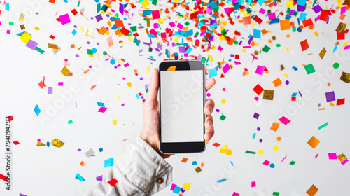 confetti phone celebrate party winner. Hand holding smartphone with blank screen on white background with confetti. Win smartphone mockup. Cellphone screen background empty template. Sale, app