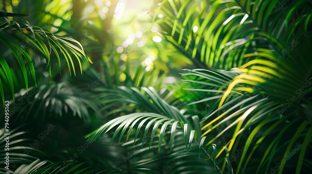 Sunlight Filters Through Vibrant Green Palm Leaves Forming a Dynamic Summer Background