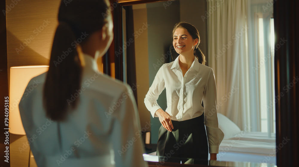 Happy businesswoman looking herself in mirror while getting dressed in hotel room.

