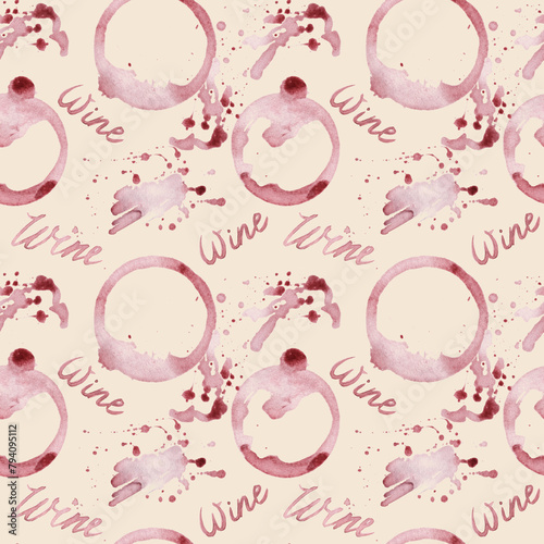 Watercolor abstract wine stains and words lettering seamless pattern . Hand drawn background with stains, glass marks, blots and splashes on beige background.