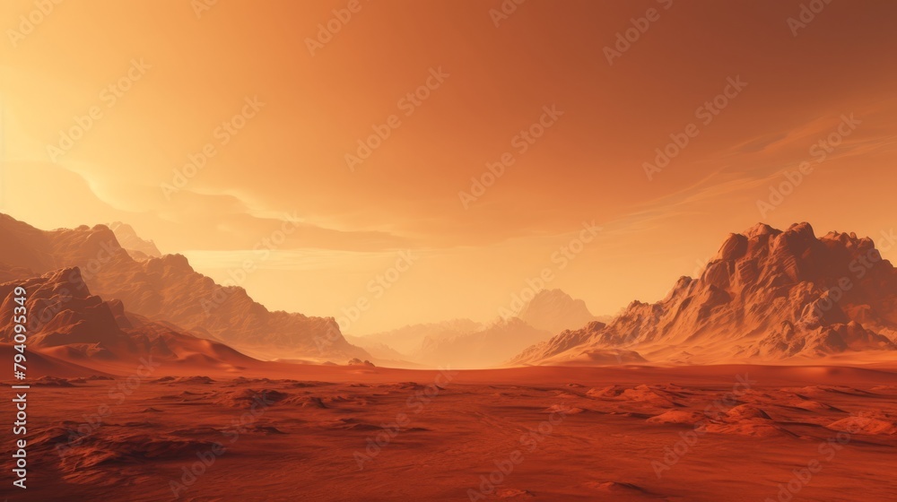 Wide panorama of mars - the red planet - landscape with mountains and impact crater during sunrise or sunset - 3D illustration. High quality photo