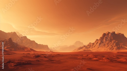 Wide panorama of mars - the red planet - landscape with mountains and impact crater during sunrise or sunset - 3D illustration. High quality photo © AminaDesign