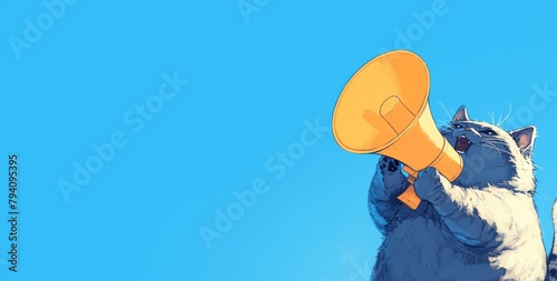 The gray cat is holding the yellow megaphone and shouting on a light blue background in the style of copy space concept.  photo