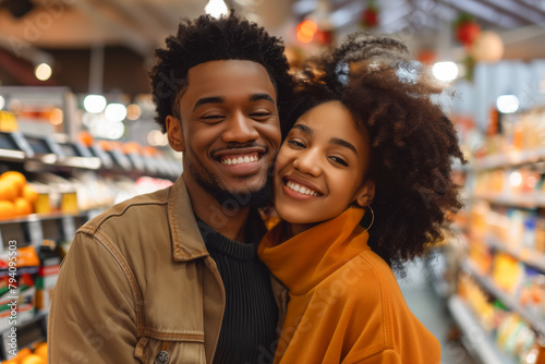 Portrait of a happy afro-american couple in supermarket. Shallow depth of field