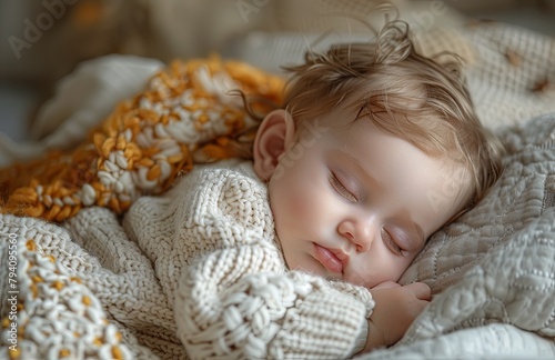 Newborn peacefully rests on bed, adorned in white attire and cozy sweater, dreaming serenely